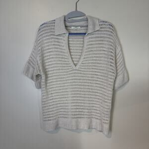 Crochet Knit Top Cream Medium V Neck Women's Boho Chic Casual Festival Hippie